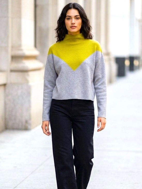 Cynthia Rowley Sweaters - Cynthia Rowley Chevron Mock Neck Knit Sweater Colour block Chartreuse & Grey L